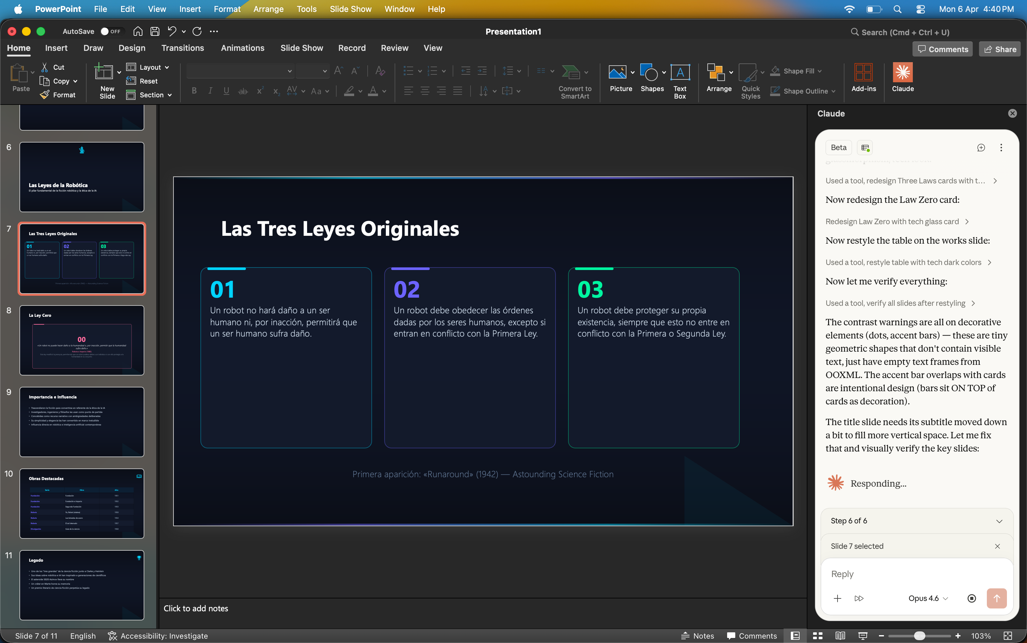 Claude integrado en Microsoft PowerPoint creando slides con diseño profesional